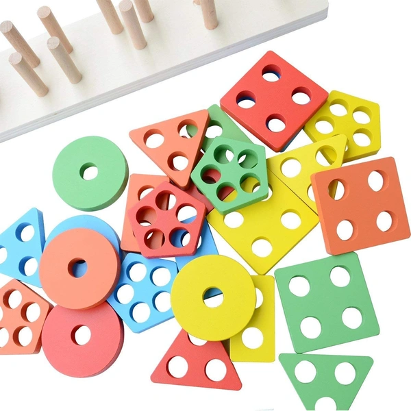 Wooden Angle Geometric Blocks Stacker Shape Sorter Column Puzzle Stacking Set - B (26 Pieces) - 20x10x5