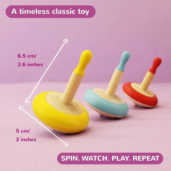 Wooden Spinning Tops -Set of 3 Lattu (3 Years+) - Curiosity & Fine Motor Skills - 10x10x10