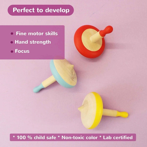 Wooden Spinning Tops -Set of 3 Lattu (3 Years+) - Curiosity & Fine Motor Skills - 10x10x10