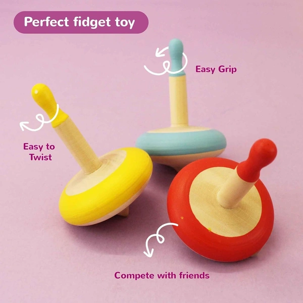 Wooden Spinning Tops -Set of 3 Lattu (3 Years+) - Curiosity & Fine Motor Skills - 10x10x10