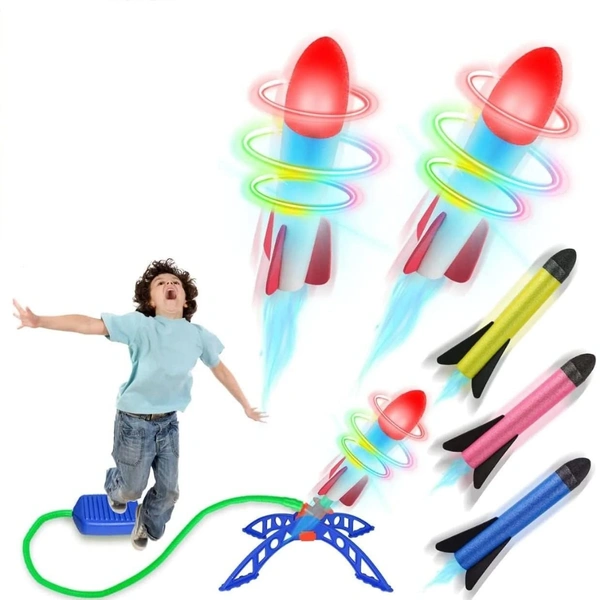 ump Rocket Stomp Launcher and 3 Foam Tipped Rockets with Whistling Sound Outdoor Toy for Kids (Flies Upto 150ft, Non- Toxic, No Battery, Age 5+ Years), Multicolor - 10x10x10