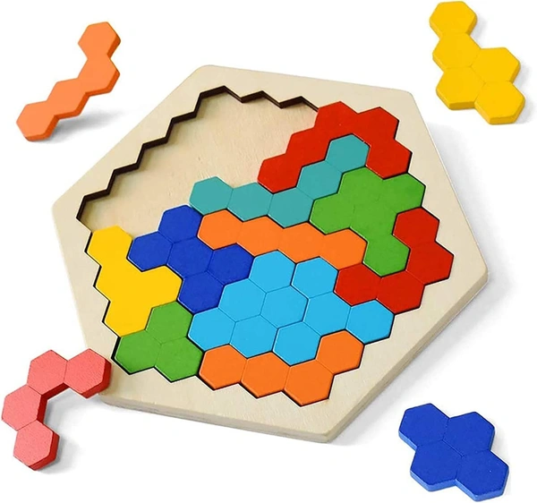 Wooden Puzzle Toys for Kids 3+Years Wooden Hexagon Puzzle Tangram Brain Teaser Toy Kid Adults Shape Pattern Block Geometry Logic IQ Game STEM Montessori Educational Gift for Challenge - 10x10x10