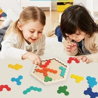 Wooden Puzzle Toys for Kids 3+Years Wooden Hexagon Puzzle Tangram Brain Teaser Toy Kid Adults Shape Pattern Block Geometry Logic IQ Game STEM Montessori Educational Gift for Challenge - 10x10x10