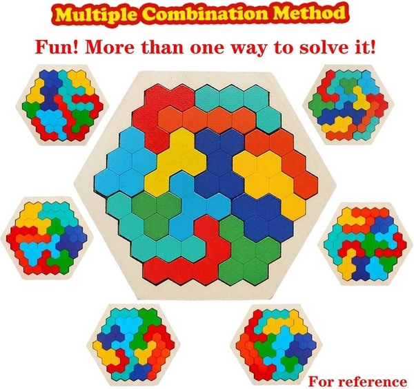 Wooden Puzzle Toys for Kids 3+Years Wooden Hexagon Puzzle Tangram Brain Teaser Toy Kid Adults Shape Pattern Block Geometry Logic IQ Game STEM Montessori Educational Gift for Challenge - 10x10x10