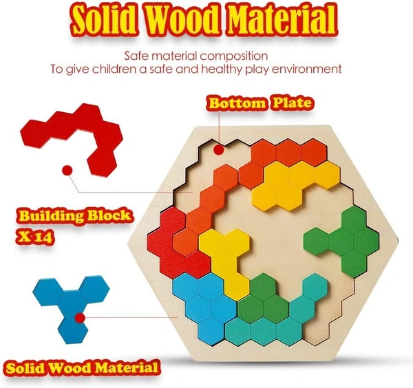 Wooden Puzzle Toys for Kids 3+Years Wooden Hexagon Puzzle Tangram Brain Teaser Toy Kid Adults Shape Pattern Block Geometry Logic IQ Game STEM Montessori Educational Gift for Challenge - 10x10x10