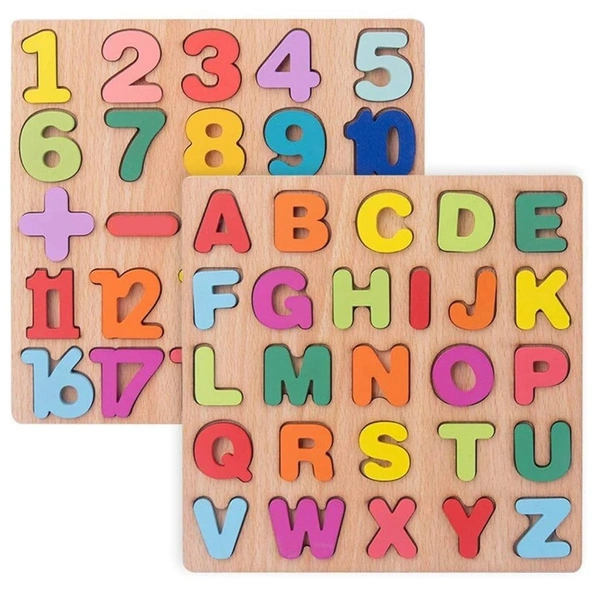 Wooden Learning Educational Board for Kids, Puzzle Toys for 2 Years Old Boys & Girls | A B C D Learning for Kids (Alphabet & Numbers) - 10x10x10