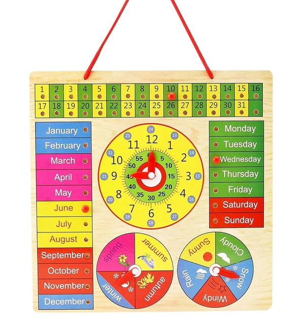 Multifunctional Montessori Educational Wooden Toy - Learning Clock, Calendar, Days, Months, Weather, Seasons,Toy for Kids - 10x10x10