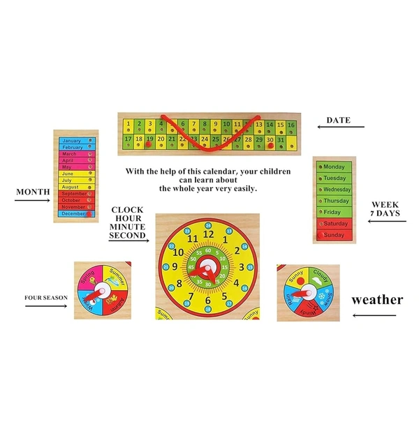 Multifunctional Montessori Educational Wooden Toy - Learning Clock, Calendar, Days, Months, Weather, Seasons,Toy for Kids - 10x10x10