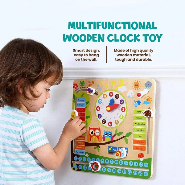 Multifunctional Montessori Educational Wooden Toy - Learning Clock, Calendar, Days, Months, Weather, Seasons,Toy for Kids - 10x10x10