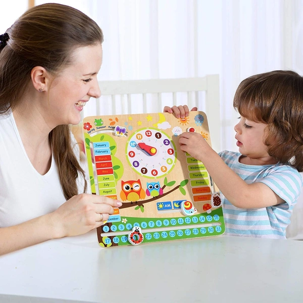 Multifunctional Montessori Educational Wooden Toy - Learning Clock, Calendar, Days, Months, Weather, Seasons,Toy for Kids - 10x10x10