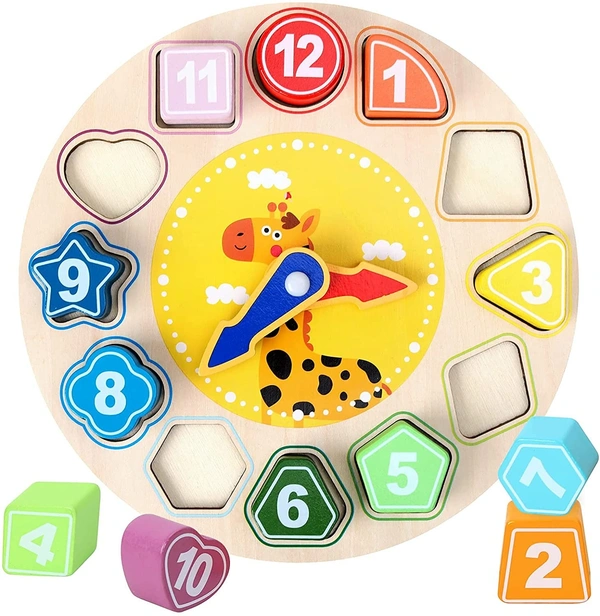Wooden Shape Color Sorting Clock Teaching Time Number Blocks Animal Patterns Puzzle Stacking Sorter Montessori Early Learning Educational Toy Gift for 3 Year Old Toddler Baby Kids - 10x10x10