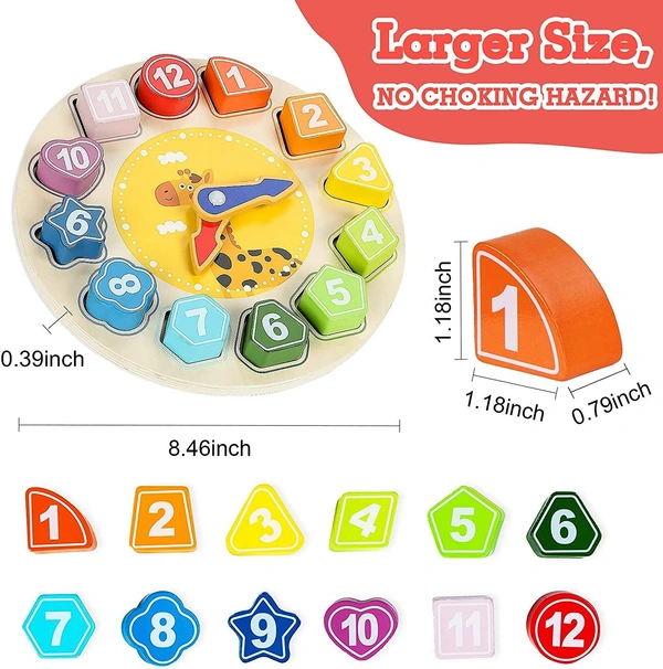 Wooden Shape Color Sorting Clock Teaching Time Number Blocks Animal Patterns Puzzle Stacking Sorter Montessori Early Learning Educational Toy Gift for 3 Year Old Toddler Baby Kids - 10x10x10