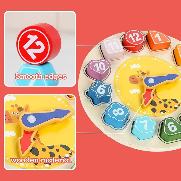 Wooden Shape Color Sorting Clock Teaching Time Number Blocks Animal Patterns Puzzle Stacking Sorter Montessori Early Learning Educational Toy Gift for 3 Year Old Toddler Baby Kids - 10x10x10