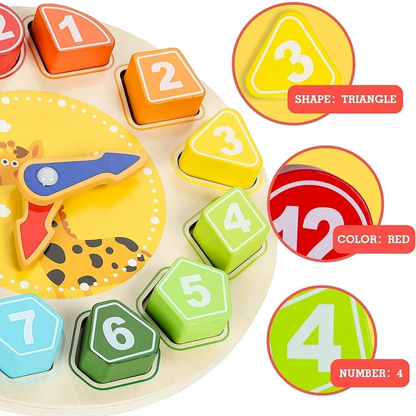 Wooden Shape Color Sorting Clock Teaching Time Number Blocks Animal Patterns Puzzle Stacking Sorter Montessori Early Learning Educational Toy Gift for 3 Year Old Toddler Baby Kids - 10x10x10