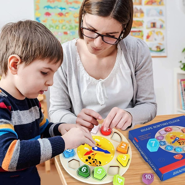 Wooden Shape Color Sorting Clock Teaching Time Number Blocks Animal Patterns Puzzle Stacking Sorter Montessori Early Learning Educational Toy Gift for 3 Year Old Toddler Baby Kids - 10x10x10