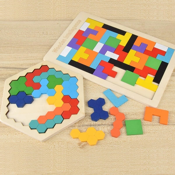 Color Recognition Matching Wooden Block Tangram Puzzle, Brain Teasers Game Combo of Rectangular and Hexagon Shape Puzzle for Preschool Kids Toddlers - 10x10x10