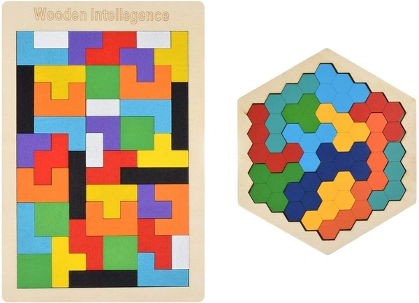 Color Recognition Matching Wooden Block Tangram Puzzle, Brain Teasers Game Combo of Rectangular and Hexagon Shape Puzzle for Preschool Kids Toddlers - 10x10x10