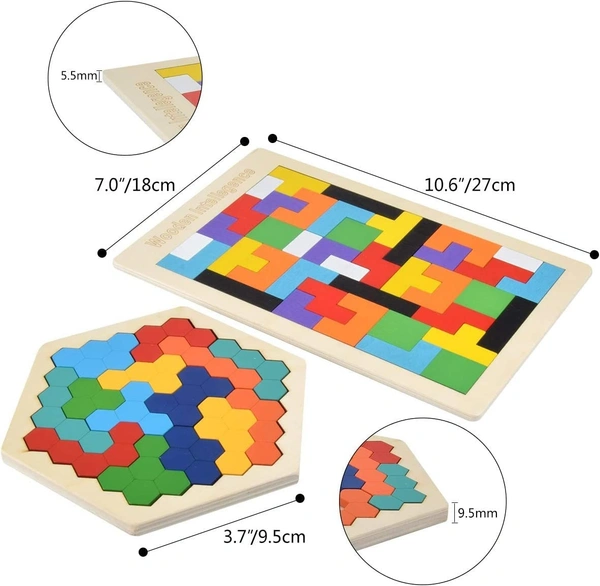 Color Recognition Matching Wooden Block Tangram Puzzle, Brain Teasers Game Combo of Rectangular and Hexagon Shape Puzzle for Preschool Kids Toddlers - 10x10x10