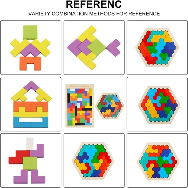 Color Recognition Matching Wooden Block Tangram Puzzle, Brain Teasers Game Combo of Rectangular and Hexagon Shape Puzzle for Preschool Kids Toddlers - 10x10x10