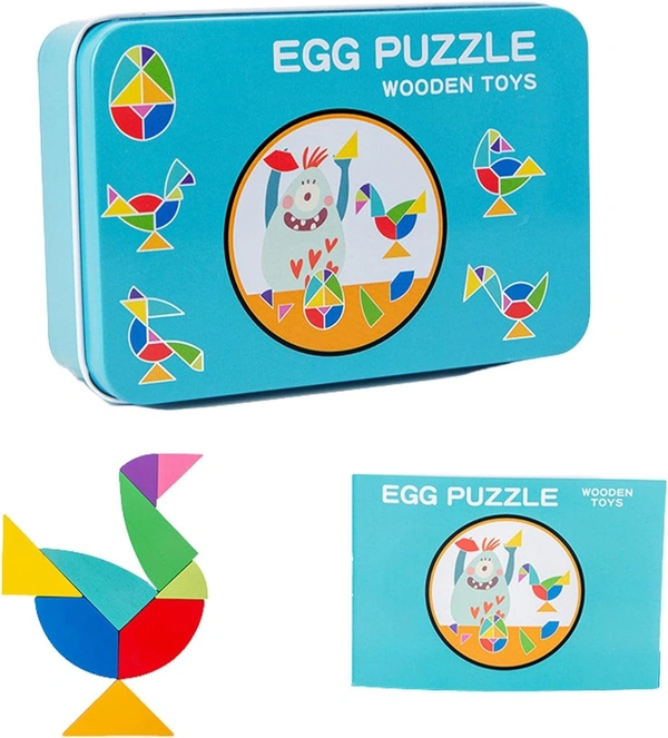 Early Learning Wooden Egg Shape Pattern Blocks Puzzle Game, Montessori Colorful Geometry Jigsaw Puzzle for Kids, Brain Teaser Game for Preschool Children - 10x10x10