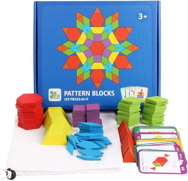 Wooden Pattern Blocks Set 155 PCS Geometric Color Shape Manipulative Puzzle Game for Kids - 10x10x10