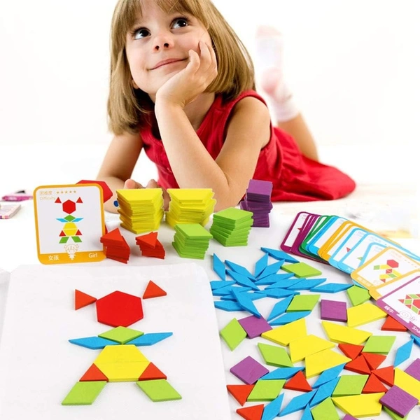 Wooden Pattern Blocks Set 155 PCS Geometric Color Shape Manipulative Puzzle Game for Kids - 10x10x10