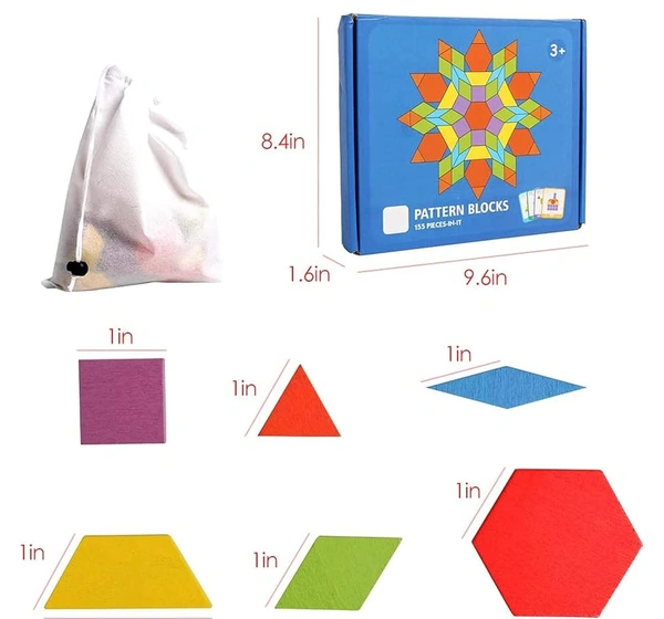 Wooden Pattern Blocks Set 155 PCS Geometric Color Shape Manipulative Puzzle Game for Kids - 10x10x10