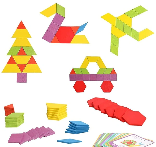 Wooden Pattern Blocks Set 155 PCS Geometric Color Shape Manipulative Puzzle Game for Kids - 10x10x10