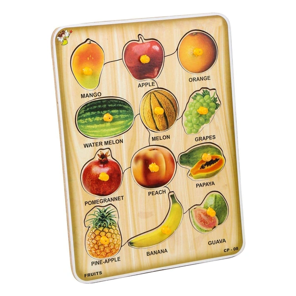 Wooden Puzzles Toys for Kids, Educational Learning Shapes, Fruit Names, Vegetable & Body Parts Puzzle Toy (Multicolor) (Fruit) - 10x15x5