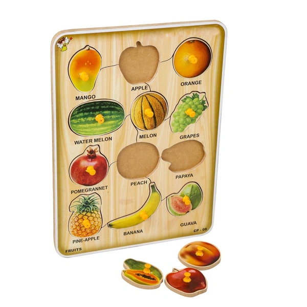 Wooden Puzzles Toys for Kids, Educational Learning Shapes, Fruit Names, Vegetable & Body Parts Puzzle Toy (Multicolor) (Fruit) - 10x15x5