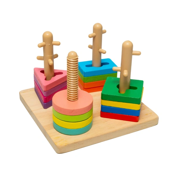 Wooden Peg Board Shapes Colors Geometric Pattern Recognition Game | Early Education Preschool Montessori Learning & Development Toy for Kids Children Toddlers Boys Girls - 10x10x10