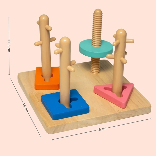 Wooden Peg Board Shapes Colors Geometric Pattern Recognition Game | Early Education Preschool Montessori Learning & Development Toy for Kids Children Toddlers Boys Girls - 10x10x10