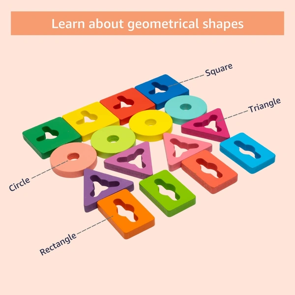 Wooden Peg Board Shapes Colors Geometric Pattern Recognition Game | Early Education Preschool Montessori Learning & Development Toy for Kids Children Toddlers Boys Girls - 10x10x10