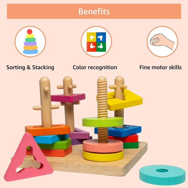 Wooden Peg Board Shapes Colors Geometric Pattern Recognition Game | Early Education Preschool Montessori Learning & Development Toy for Kids Children Toddlers Boys Girls - 10x10x10