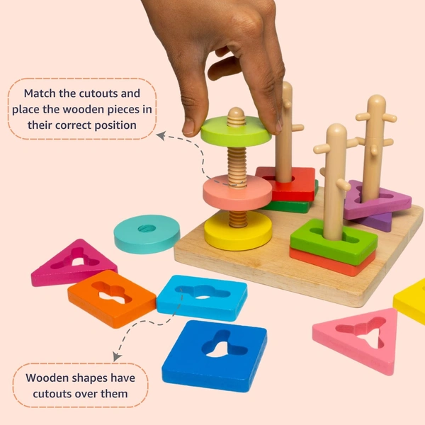 Wooden Peg Board Shapes Colors Geometric Pattern Recognition Game | Early Education Preschool Montessori Learning & Development Toy for Kids Children Toddlers Boys Girls - 10x10x10
