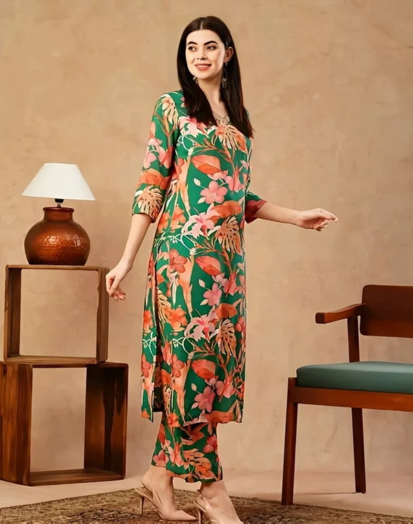 Cotton Blend Kurta With Palazzo - Eucalyptus, S, Free