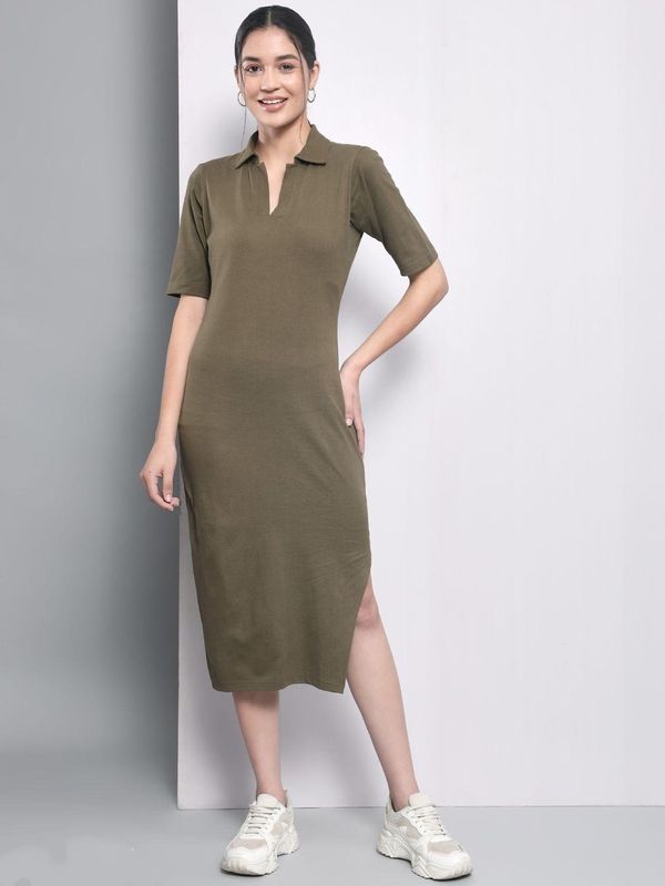 Cotton Slit Midi Dress - Olive Green, S, Free