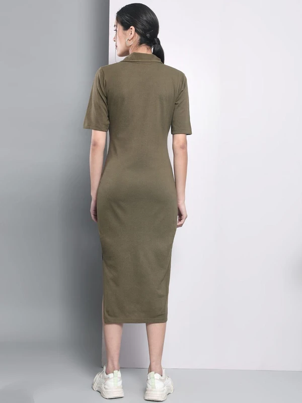 Cotton Slit Midi Dress - Olive Green, L, Free