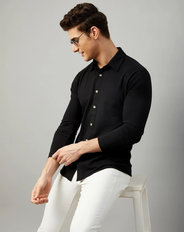 Cotton Blend Solid Shirt - Black, L, Free