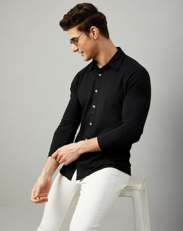 Cotton Blend Solid Shirt - Black, XL, Free