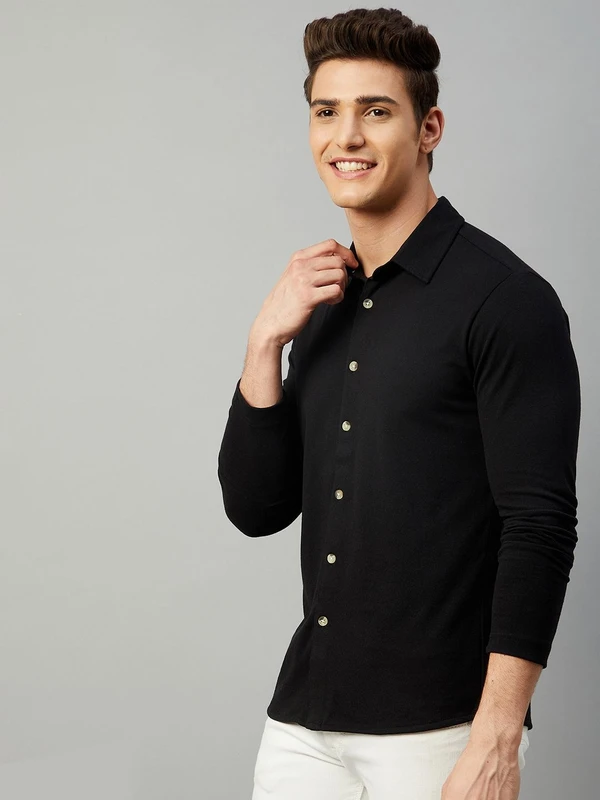 Cotton Blend Solid Shirt - Black, L, Free