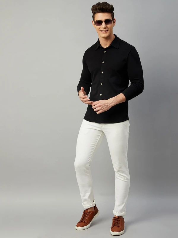 Cotton Blend Solid Shirt - Black, M, Free