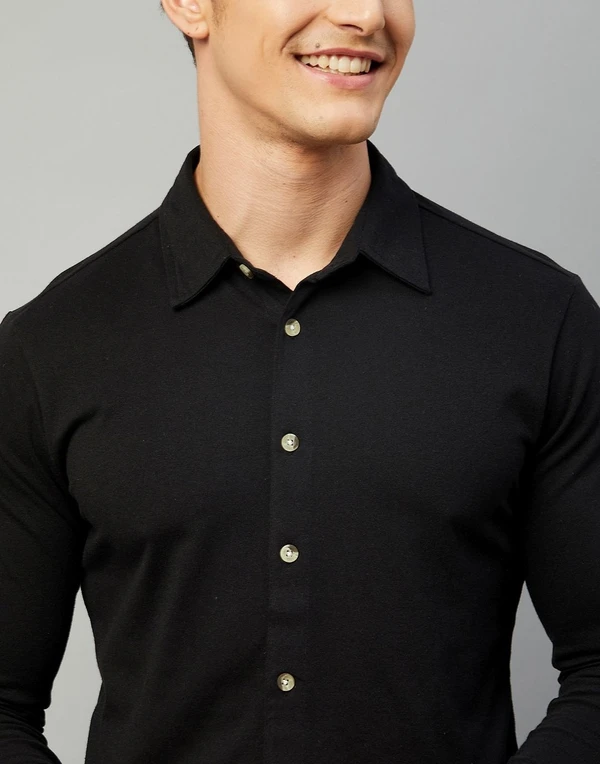 Cotton Blend Solid Shirt - Black, L, Free