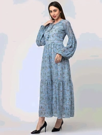 Georgette Baloon Neck Dress - Sky Blue, L, Free