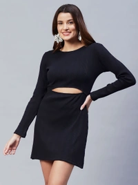 Cotton Solid Stylish Midi Dress - Black, M, Free