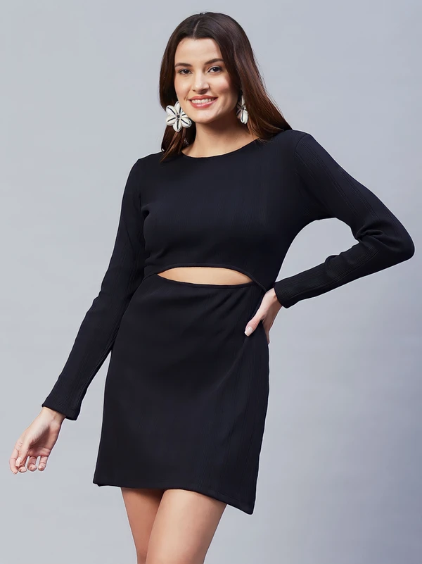 Cotton Solid Stylish Midi Dress - Black, XL, Free