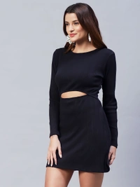 Cotton Solid Stylish Midi Dress - Black, M, Free