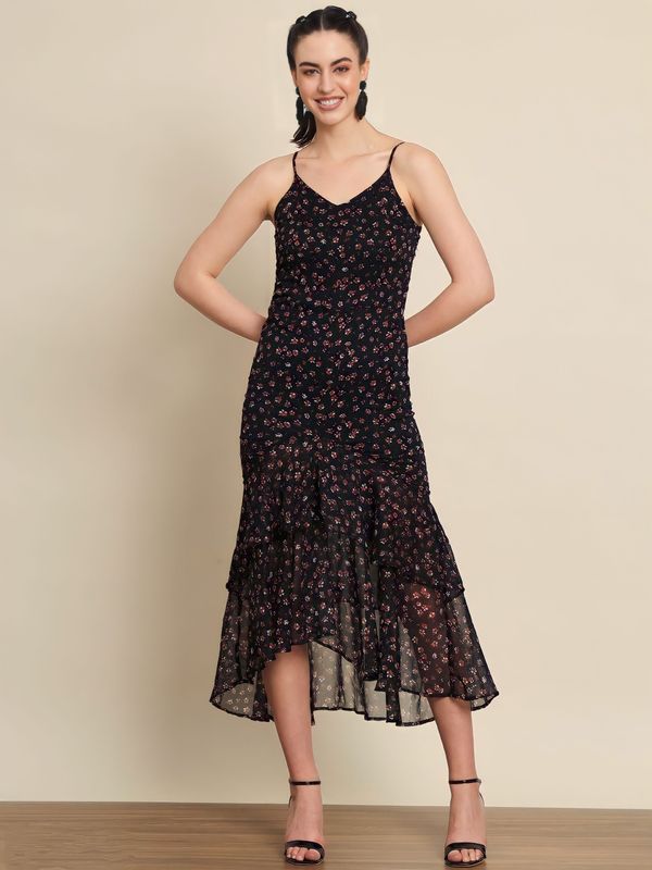 Trendarrest Floral Frill Dress - Black, M, Free