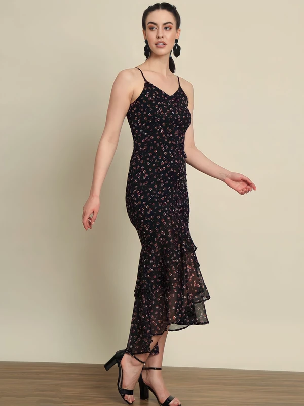 Trendarrest Floral Frill Dress - Black, L, Free