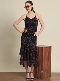 Trendarrest Floral Frill Dress - Black, L, Free